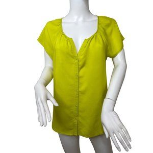 Old Navy Women’s Top S Neon Green Button Up Flutter Sleeves Notched Rounded Neck